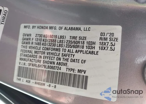 2020 Honda Odyssey Ex-L/Ex-L W/Navi Res from USA, damaged, VIN 5FNRL6H79LB060724